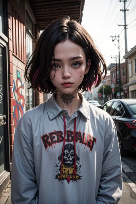 upper body portrait, raw essence of a tattoed street style icon, drenched in rebellious energy, wearing oversized flannel shirt, vibrant graffiti as backdrop, edgy fashion, sense, confident gaze, colorful hair, light beams streaming through haze, <lora:punk_v0.2:1>
