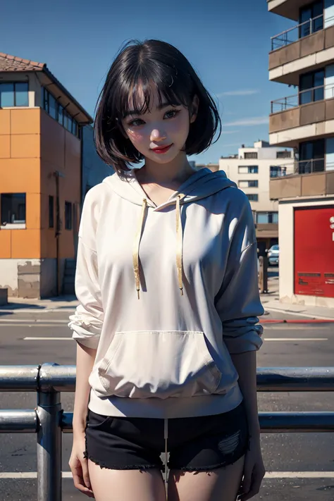 Best quality, masterpiece, ultra high res, raw photo, beautiful and aesthetic,deep shadow, dark theme,(photorealistic:1.4),
1girl, smile, black shorts,((hoodie)), bob haircut, half body composition, ((small chest)), canvas sneakers,