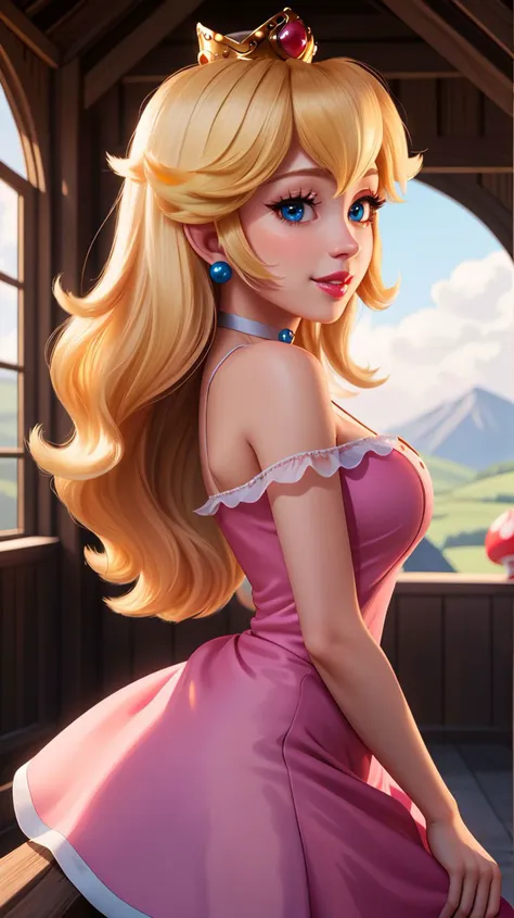 highres,masterpiece,perfect lighting,bloom,cinematic lighting,adult,perfect skin,female,from side,cowboy shot,smile,narrow waist,skinny,<lora:PrincessPeachMovie:0.6>,(PrincessPeach),(Princess Peach),(Pink Dress:1.2),choker,detailled eyes,blue eyes,choker,sensual,mushrooms,mushroom kingdom,pink lips,((glossy lips)),pursed lips,pink pumps,glossy skin,oily skin,beautiful light,(day:1.3),bright,