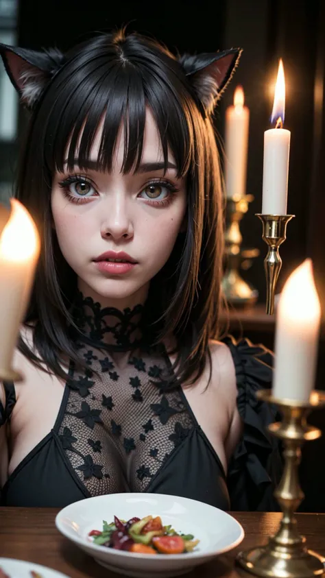 an eye contact of a goth punk girl, crazy, lip liner, Far-reaching, cat eye liner, metallic lipstick, implied lines, Long nose, Doe-eyed look, Bangs with layers hair cut, salmon skin color, candlelight lighting, bokeh, <lora:punk_v0.2:1.2>
