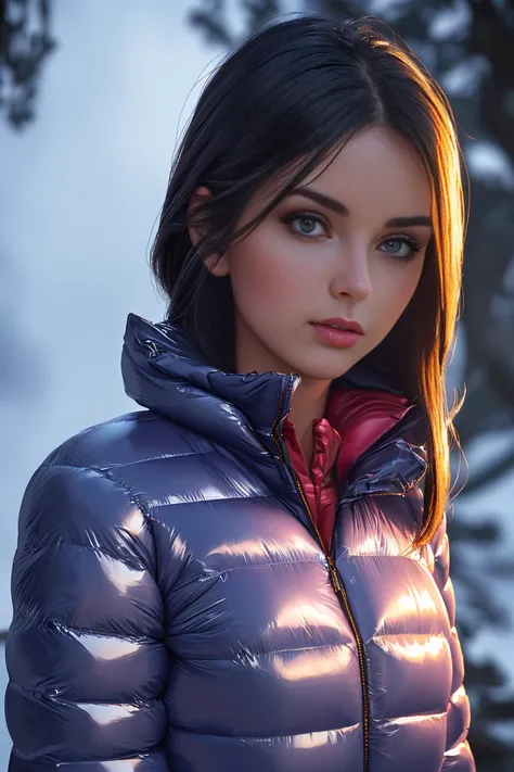A stunning portrait of a young, slim, cute, sweet European woman, radiating elegance and beauty. Standing outside, in old mountain village. She is dressed in a fashionable, collared, (colorful), shiny and glossy, (puffer down jacket). ((Very High Yoked)), (full zipped up yoke, jackets yoke covering lower face). The lighting is soft, highlighting her features and emphasizing the high glossy texture of her clothes. Cinematic lighting, very cold, winter, high resolution, winter fashion, realistic shading, digital painting, artstation, sweetest, cutest, ((tempting)). close up shot. by Parkasite. <lora:Parkasite_v10:0.7>  <lora:detailed_eye_V2:0.0>