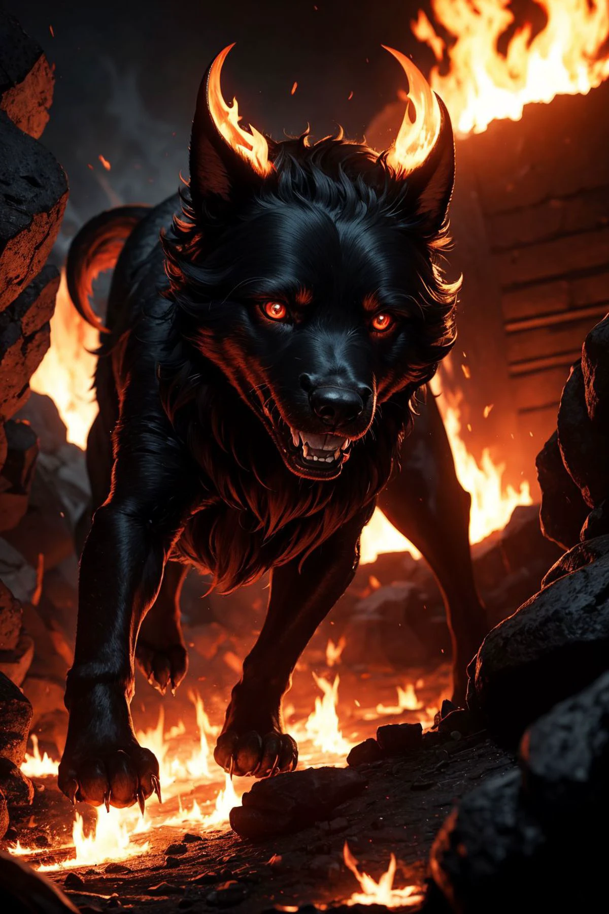 masterpiece, 4k, extreme resolution, highly intricate, studio quality, extremely detailed, hellhound, fiery underworld terrain, molten lava, charred fur, ember-lit eyes, demonic silhouette, demonic flames, relentless pursuit, hellish torment, flash lighting, hard shading
