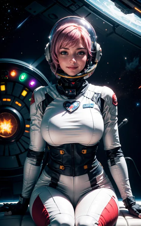 View from above ((A woman in an astronaut suit, sitting)), ((pink hair, punk updo and hairstyle)), with makeup that highlights her melancholic look, slim and delicate body, pink hair hidden by astronaut helmet. in an underground subway car, wears a modern astronaut suit, punk style, with an astronaut helmet and transparent visor)), the car is on the space station, subway con the space in the window. está sitting con aburrimiento, raytraced, Neon, subway retro futurista, the space in the window (aesthetics and atmosphere:1.2), melancolica, passionate, concentrated, round and beautiful eyes, Wide plane, Half body. (raw photo, Best Quality), (realist, photo-realist:1.3), Masterpiece, an extremely perfect and beautiful body, extremely detailed pale body, Best quality score, 8k quality, close up, high view, lo-fi space