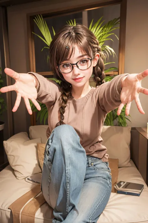 looking_at_viewer,Smile,
<lora:(QyYsS)l4SSCh<.mizuharaChizuruRentA_v10:0.7>,
CHI1,1GIRL,solo,brown eyes,brown hair,swept bangs,TWIN BRAIDS,TWINTAILS,
hair ornament,hairclip,glasses,collarbone,sweater,long sleeves,pants,jeans,
sitting,facing viewer,(reaching out with stretched arms and open hands for a hug),