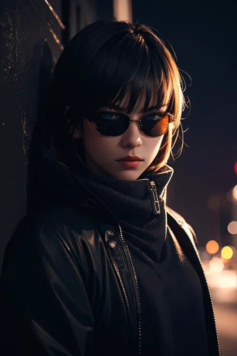 masterpiece,high quality,highres,8k,deep eyes,Starry night,moonlit city,mysterious female assassin,clad in black,cold and sharp eyes,specially crafted handgun,metallic glimmer,billowing hair,neon lights,vibrant hues,swift and stealthy movements,solitary figure,cold and resolute gaze,deadly light,embodiment of the night,mysterious and perilous mission in the city's shadows.,sunglasses,a cold expression,, Realistic, RAW photo, dslr, soft lighting, film grainFujifilm XT3, Screen Space Refraction, high detailedskin, natural skin texture