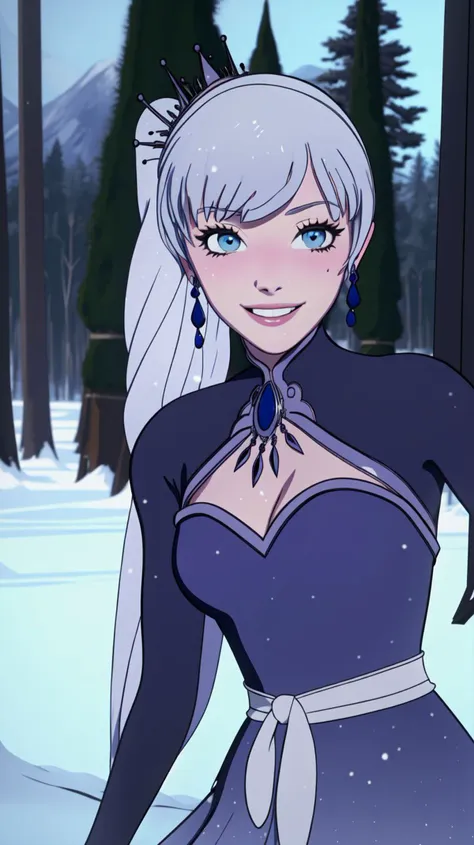 (masterpiece:1.21),(best quality:1.21),absurdres,<lora:Weiss_RWBY_AnyLora:0.8>,weiss rwby,dress,tiara,jewelry,earrings,cleavage cutout,solo,blushing,smiling,looking at viewer,upper body portrait,contrapposto,cinematic composition,snow covered forest in background,beautiful detailed eyes,<lora:w<w[S:0.3>,