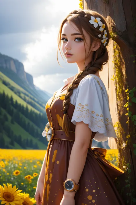 1girl, appealing Fashion Portrait of a (Yellow theme:0.7) , small New Wave (Female Watchmaker:1.3) , she is very Mythical and Ludicrous, she has Dutch braid hairstyle, Stressed dungeon in background, lush space and flower field, Stormy weather, Bokeh, Realistic, Guilty, Native Art, split lighting, F/2.8, two colors, copper paint splotches, dreamy magical atmosphere, perfect skin, detailed skin, HDR, Pixabay