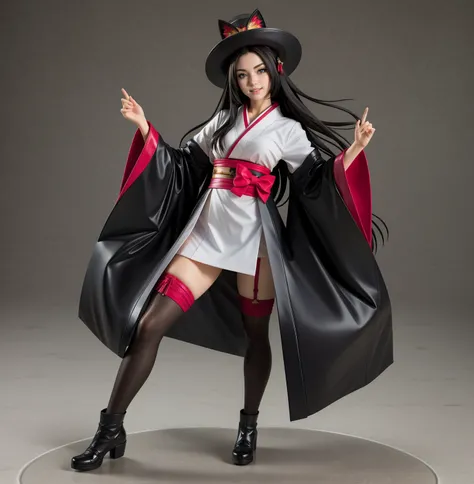 dynamic angle,<lora:popupparade:0.8>,<lora:Guakamo_figurine:0.8>,(masterpiece:1.5),HDR,vivid colors,1girl,asymmetrical legwear,bell,black footwear,black hair,boots,bow,full body,hat,japanese clothes,katana,kimono,long hair,long sleeves,fox mask,solo,standing,thighhighs,very long hair,wide sleeves,masterpiece,best quality,(Photorealistic:1.4),((Photoshoot Pose)),smiling,detailed face,detailed eyes,skin pores,realistic skin,looking_at_viewer,Cinematic shot,Ray Trace,Depth of Field,(((full body))),<lora:more_details:0.5>,