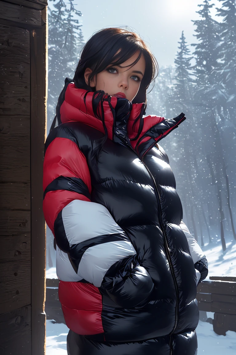 A stunning portrait of a young, slim, cute, sweet European woman, radiating elegance and beauty. Standing outside, in old mountain village. She is dressed in a fashionable, collared, (colorful), shiny and glossy, (puffer down jacket). ((Very High Yoked)), (full zipped up yoke, jackets yoke covering lower face). The lighting is soft, highlighting her features and emphasizing the high glossy texture of her clothes. Cinematic lighting, very cold, winter, high resolution, winter fashion, realistic shading, digital painting, artstation, sweetest, cutest, ((tempting)). close up shot. by Parkasite. <lora:Parkasite_v10:0.6> <lora:detailed_eye_V2:0.0>