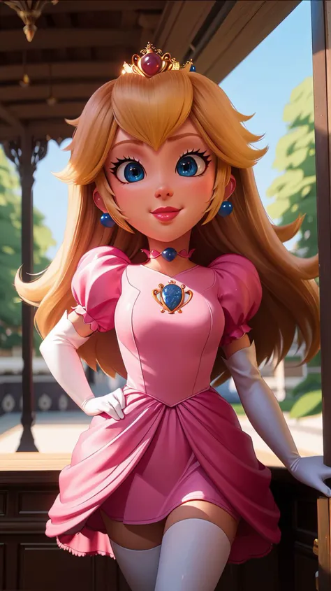 highres,masterpiece,perfect ligthing,bloom,cinematic lighting,adult,perfect skin,female,cowboy shot,smile,narrow waist,skinny,<lora:PrincessPeachMovie>,(PrincessPeach),choker,detailled eyes,blue eyes,sensual,mushrooms,mushroom kingdom,pink lips,((glossy lips)),pursed lips,pink pumps,glossy skin,oily skin,beautiful light,(day:1.3),bright,looking at viewer,<lora:3DMM_V11:0.4>,pink dress,
