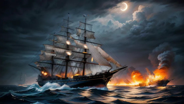 (a three-master sailing ship under heavy fire:1.5),Ship's bow in the foreground,(8k, RAW photo, best quality, ultra high res, incredibly absurdres, photorealistic, ultra realistic, masterpiece, hyperdetailed, hdr+),night,moon,lightning,(torn sails:1.4),(broken mast:1.1),fire on deck,(seafight:1.1),Volumetric Lighting,moody lighting,Tyndall effect,ocean,Cumulonimbus,scarlet_moon,moonlight,night_sky,waves,in winter,<lora:add_detail:1.6>,from_above,(holes in the hull:1.1),(Smoking cannons:1.3),(smoke:1.2),(fire:1.3),(dynamic_angle:1.5),cinematic_angle,bilateral symmetry,in focus,epic mood,epic picture,epic photo,firing cannons,cannon fire on both sides,(ultrarealistic:1.5),(photoshot:1.5),