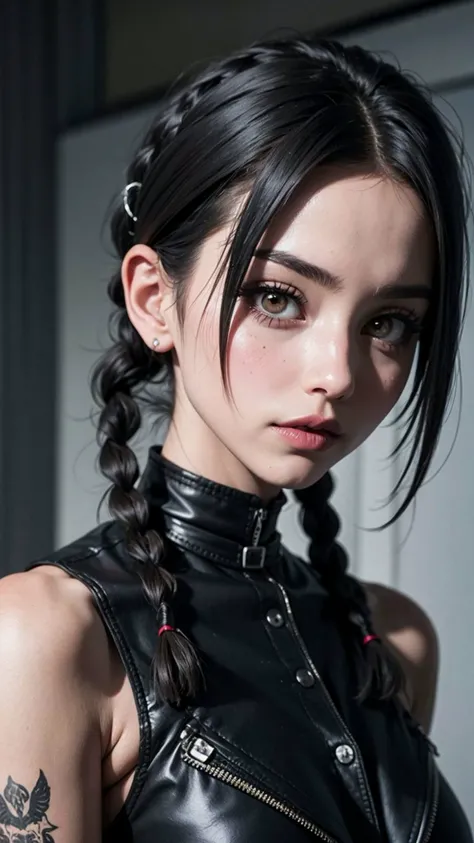 an eye contact of a goth punk girl, sorry, eyebrow gel, In-depth, tightline eyeliner, satin lipstick, digital camera, Button nose, Almond-shaped eyes, Mohawk braids hair cut, light skin color, cinematic lighting, dreamy haze, <lora:punk_v0.2:1>