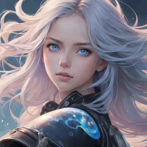 2D drawing, Woman with blue eyes, frontal, wind in hair, messy hair, sweet features, direct gaze, Pixiv, hologram art, 2D game art, digital illustration, extreme detail, 4k, Ultra HD, rococo, hair and perfect white features, pastel tones, blue tones, realistic fantasy art, intricate and polished, sharp focus, concept art, Wlop art, Artgerm