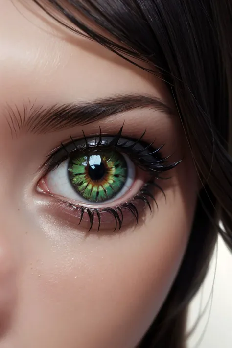 masterpiece, 4k, extreme resolution, highly intricate, studio quality, extremely detailed, eye close-up, striking green iris, subtle makeup details, piercing intensity, nature-inspired hues, captivating stare, low key lighting, hard shading