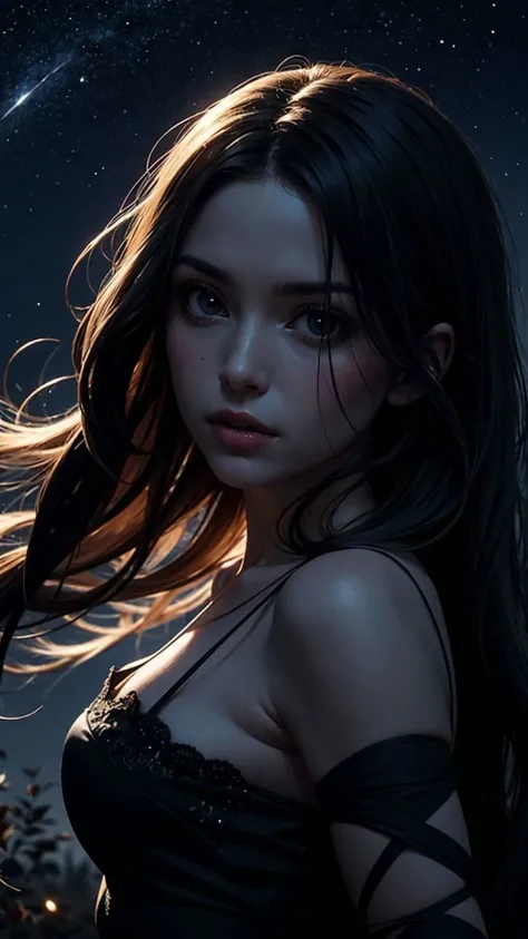 Horror-themed time travel in a portrait of a woman with flowing ethereal hair, her silhouette gently illuminated against a dark night sky, soft moonlight reveals intricate constellations cascading through her locks, time itself dances in her presence . Eerie, unsettling, dark, spooky, suspenseful, grim, highly detailed