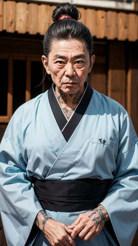 an old wisely grandpa, former yakuza, wearing a kimono, dangerous looking, tattoos, skin pores, skin blemish
