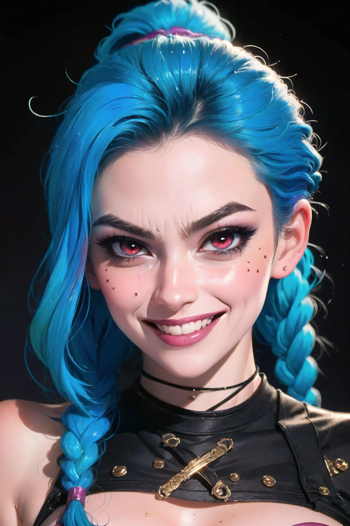 (masterpiece, best quality, intricate, detailed:1.4), (closeup of sexy girl face:1.3), (zoom:1.4), blue hair, ponytail, big eyes, red eyes, (grin512:1.4), (angry512:0.9), blush, moles, detailed skin, pores, two tone lighting, dramatic lighting, low key, jinxlol, acid background, <lora:eyelashes_slider_v3:2>, <lora:epi_noiseoffset2:2.5>, <lora:JinxLol:1>, <lora:acid_fluid_lora:0.4>, <lora:age_slider_v6:-1>