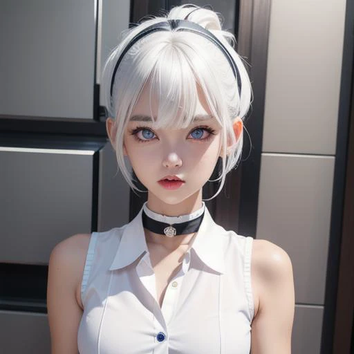 best quality, ultra high res, 1girl, sleeveless white button shirt, white skirt, white choker, cute,  (aegyo sal:1), (platinum white hair:1), (detailed eyes)), looking at viewer, full body, facing front