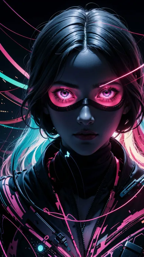 Abstract style mysterious figure emerges from the shadows in a tangled mess of iridescent wires and glowing mesh, face hidden behind layers of glitched wavy distortions, Non-representational, colors and shapes, expression of feelings, imaginative, highly detailed
