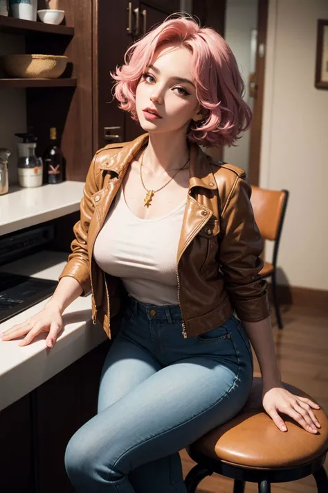 high angle amateur photo of close up on face of (mixed Cuban:1.3) woman, 50 years old, Sitting on a stool with one leg raised, Indifference mood, asymmetric boobs, Beige-colored Afro, wearing Maroon-colored Denim jacket, striped top, black pants, Mermaid waves haircut, Pastel pink haircolor, Hourglass-Muscular body shape, shiny skin, direct flash photography