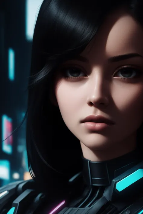 masterpiece, (portrait:1.1), woman, black loose hair, close up, detailed face, dress, cyberpunk city background
