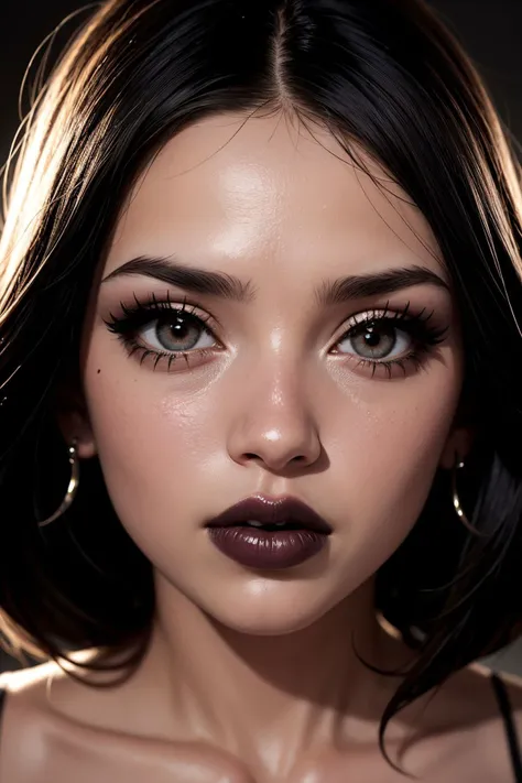 face close up, glamour photography of a random stylish goth girl, edgy vibe, dark, mascara, eyeliner, dark cheeks, Unique facial piercings with ornate jewelry, Round eyes, Dimples, Smoky eye makeup, Defined jawline, skin pores, shiny skin, grainy, harsh flash lighting, sepia tone