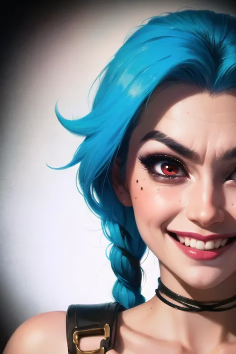 (masterpiece, best quality, intricate, detailed:1.4), (closeup of sexy girl face:1.3), (zoom:1.4), blue hair, ponytail, big eyes, red eyes, (grin512:1.4), (angry512:0.9), blush, moles, detailed skin, pores, two tone lighting, dramatic lighting, low key, jinxlol, acid background, <lora:eyelashes_slider_v3:2>, <lora:epi_noiseoffset2:2.5>, <lora:JinxLol:1>, <lora:acid_fluid_lora:0.4>, <lora:age_slider_v6:-1>
