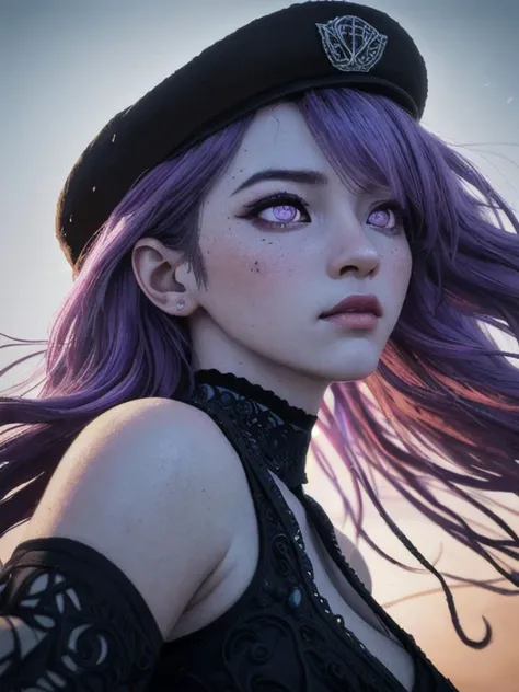 (8k, RAW photo, highest quality), hyper-realistic, (Candid view:1.5) shot of a beautiful of a ((skiny:1.1)) young woman, large breasts, looking nostalgic, looking away, detailed purple eyes, wearing a Homburg Hat, purple velus gradient hair color, masterpiece, Urban Decay, unity 8k wallpaper, ultra detailed, beautiful and aesthetic, best quality, intricate, saturated colors, sharp focus, 8k textures , intricate, highly detailed, sharp focus, insane details, hyper detailed, exposure blending, hdr, hyper-realistic, (high detailed skin:1.2), uhd, dsir, soft lighting, high quality, film grain, shot with Mamiya Leaf,