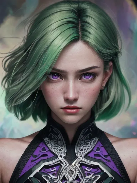 (8k, RAW photo, highest quality), hyper-realistic, (Abstract view:1.5) shot of a beautiful of a ((skiny:1.1)) young woman, large breasts, looking nostalgic, looking away, detailed purple eyes, wearing a Eco-Friendly Ties, green velus gradient hair color, science fiction, masterpiece, Celestial Beauty, unity 8k wallpaper, ultra detailed, beautiful and aesthetic, best quality, intricate, saturated colors, sharp focus, 8k textures , intricate, highly detailed, sharp focus, insane details, hyper detailed, exposure blending, hdr, hyper-realistic, (high detailed skin:1.2), uhd, dsir, soft lighting, high quality, film grain, shot with Sony Alpha a7S III,