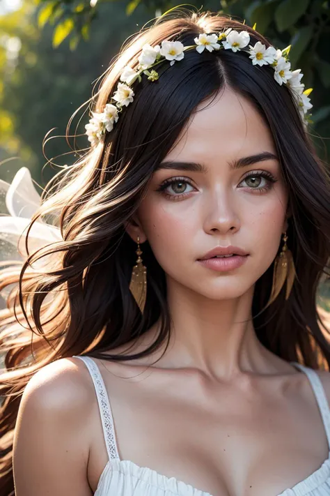 ((masterpiece)), RAW photo, (photo realistic:1.2), (extremely detailed), Montserratian woman, 38 years old, boho chic, flowy dress, flower crown, ethereal vibes, nature backdrop, free spirit, (hyperrealism:1.2), (photorealistic:1.2)