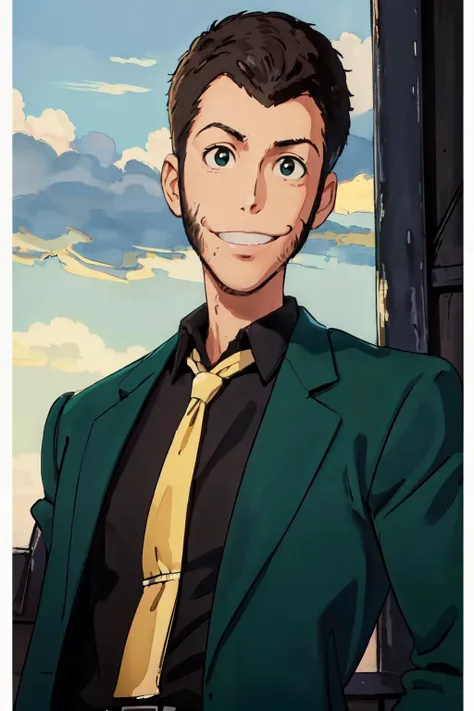 (best quality, masterpiece, RAW photo,ultra-detailed:1.2), <lyco:GoodHands-beta2:1.0>,1man,solo,looking at viewer, smile,
<lyco:Lupin:1.0>green jacket, yellow tie, black shirt, lupin,