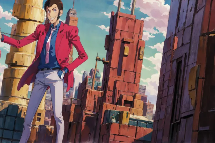 <lora:Lupin:1>, lupin, red jacket, pink tie, smile, 1boy, hands in pockets, city background