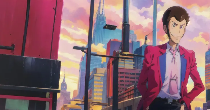 <lora:Lupin:1>, lupin, red jacket, pink tie, smile, 1boy, solo, city background, hands behind back