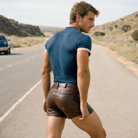 photograph, shot on film, 2000s, an ([::0.3]:0.9) man, , [[[scars]]], back angle, leather shorts, (bountiful buttocks, butt, big butt:1.2)