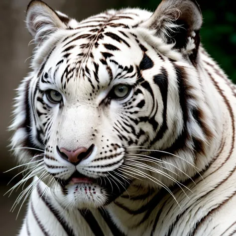 closeup photograph of a white tiger with black stripes