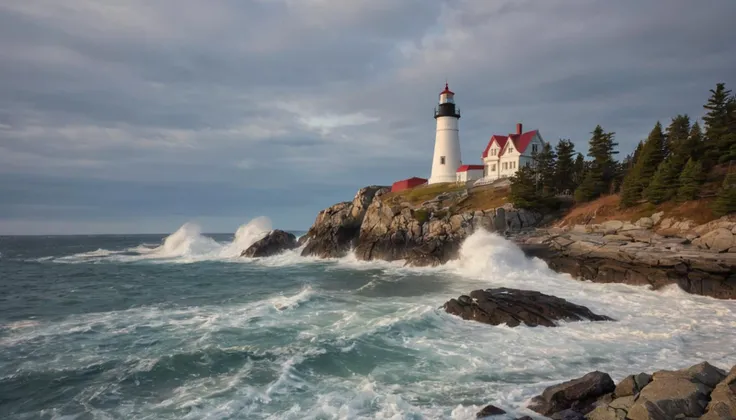 An isolated lighthouse on the rugged coast of Maine, enduring the relentless waves and winds. captured on a sony A6000