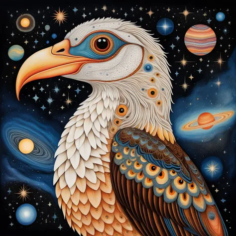 Surrealist art starry celestial style, psychedelic art in collage style, space inside the body of a huge bird (with a worm in its beak), milky way, constellations of the zodiac signs, dawn, <lora:add-detail-xl:2> <lora:xl_more_art-full_v1:0.4>, dreamlike, mysterious, provocative, symbolic, intricate, detailed