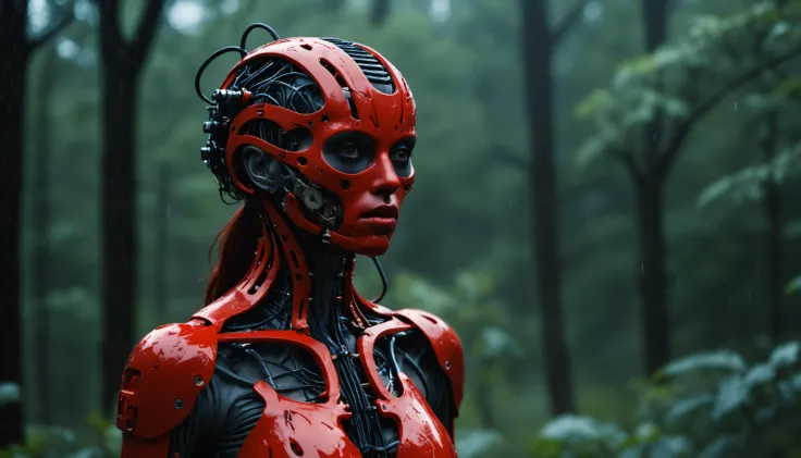 scary highly detailed red (bio-mechanical anatomy:1.3) with lots of wires of a woman standing in a forest, heavy rain, night time