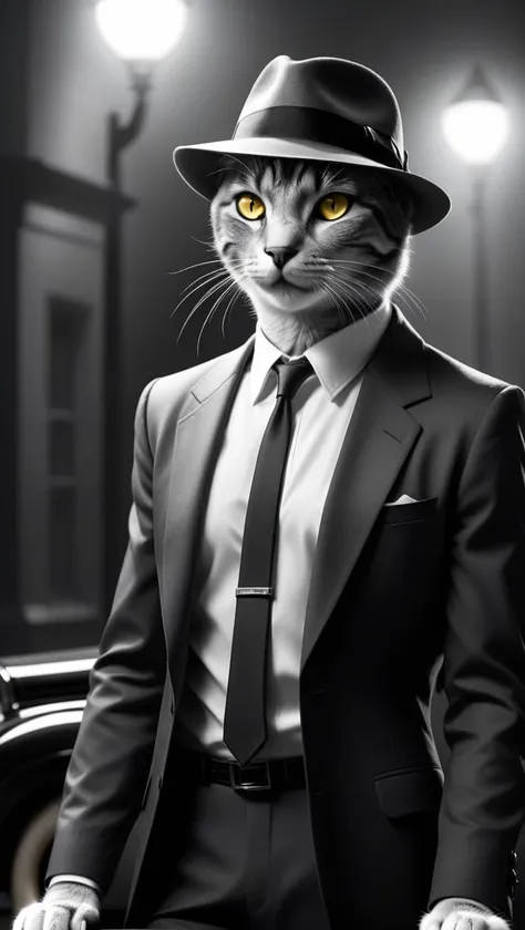 Film noir style a film noir cat with a fedora and suit with yellow eyes by david cronenberg, cgsociety, photorealistic, 4k, 8k, hd . Monochrome, high contrast, dramatic shadows, 1940s style, mysterious, cinematic