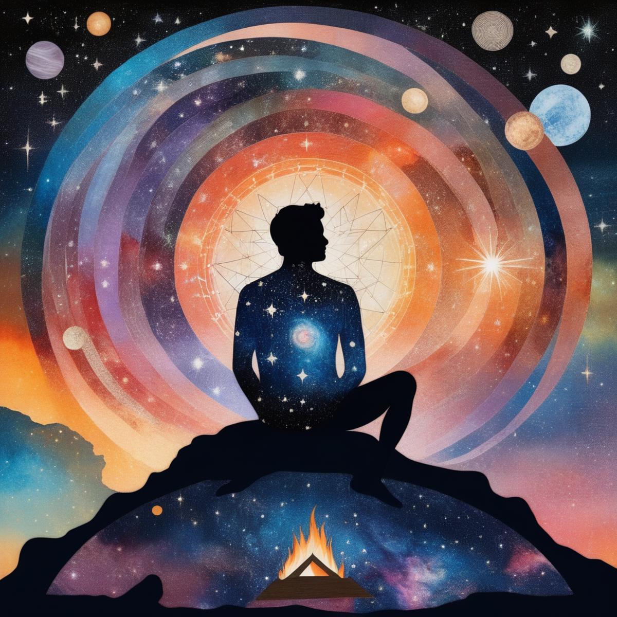 A man sitting on a rock with a fire in front of him - SeaArt AI