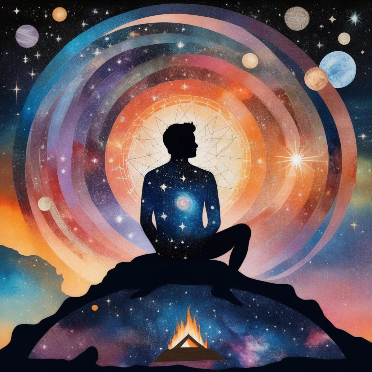 Collage style, starry celestial style, psychedelic art in collage style, space inside the siluet of body of a man sitting by the fire, the milky way, constellations of the zodiac signs, dawn, Mixed media, layered, textural, detailed, artistic