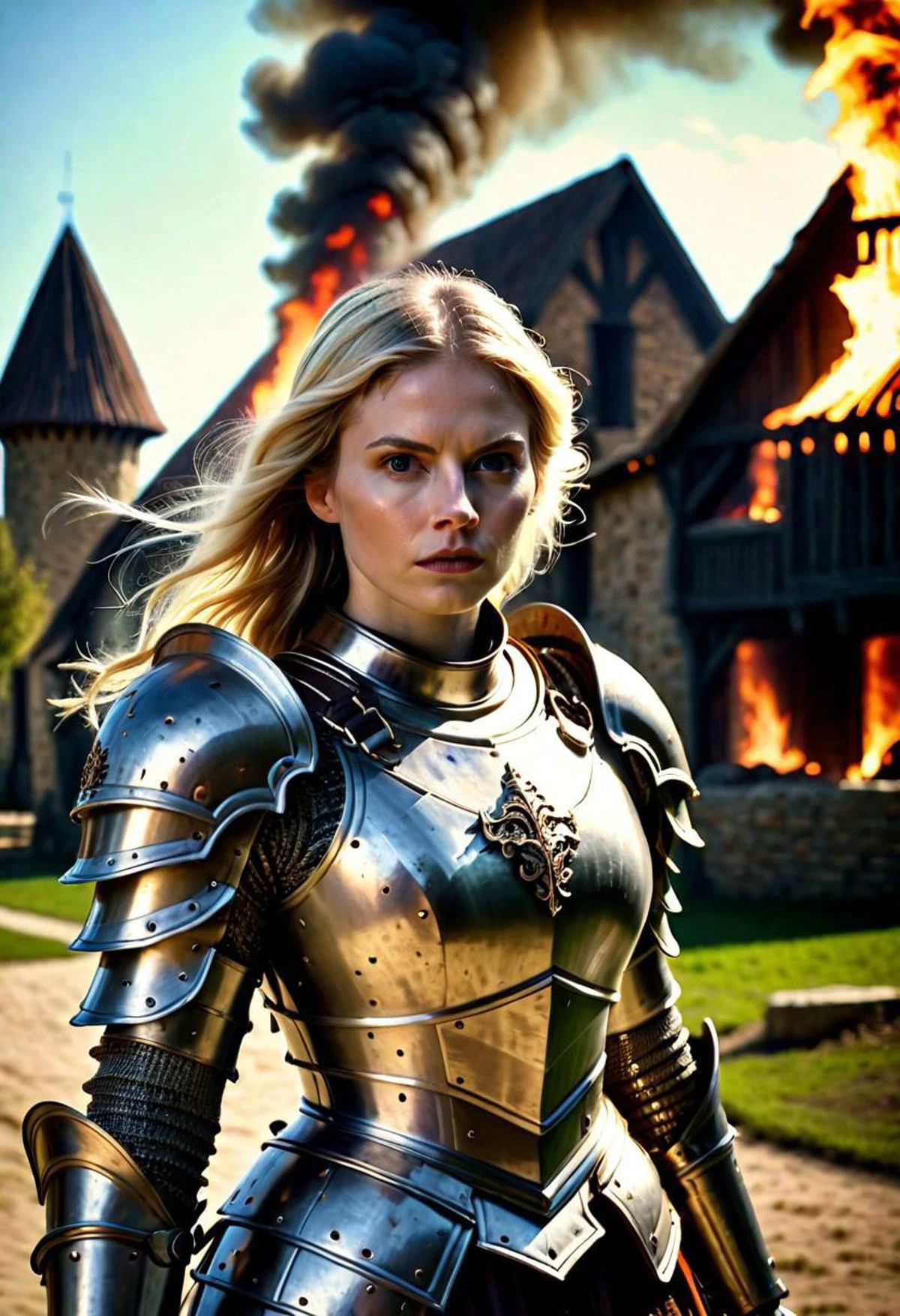 4k highly detailed digital extremely high quality RAW photograph,
1 girl
facial portrait
blonde
serius
Warrior in pollished steel armor
full plate armor
burning medieval village in the background
burning houses
Medieval times, Medieval setting, Medieval Fantasy
Realistic, Photo, Medieval, Elizabethan, 70mm, Happy, Dark Fantasy, Fantasy, Cory Chase
