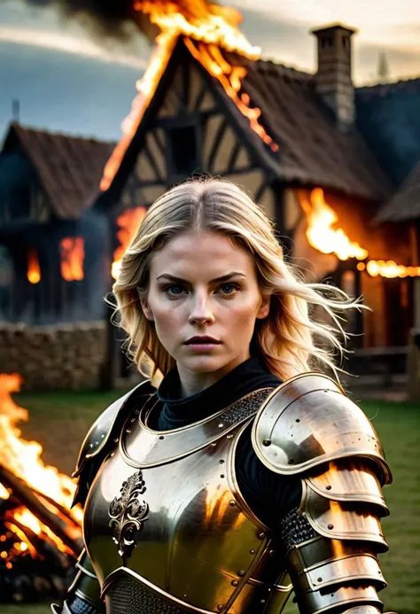 4k highly detailed digital extremely high quality RAW photograph,
1 girl
facial portrait
blonde
serius
Warrior in pollished steel armor
full plate armor
burning medieval village in the background
burning houses
Medieval times, Medieval setting, Medieval Fantasy
Realistic, Photo, Medieval, Elizabethan, 70mm, Happy, Dark Fantasy, Fantasy, Cory Chase