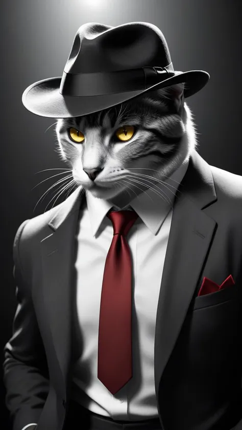 Film noir style a film noir cat with a fedora and suit with yellow eyes red tie by david cronenberg, cgsociety, photorealistic, 4k, 8k, hd . Monochrome, high contrast, dramatic shadows, 1940s style, mysterious, cinematic