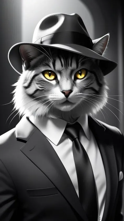Film noir style a film noir cat with a fedora and suit with tie with yellow eyes, digital painting, cinematic, volumetric lighting, beautiful eyes, highly detailed, digital art, sharp focus, trending on art station, kentaro miura manga art style . Monochrome, high contrast, dramatic shadows, 1940s style, mysterious, cinematic