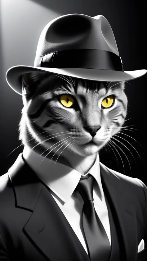 Film noir style a film noir cat with a fedora and suit with tie with yellow eyes, digital painting, cinematic, volumetric lighting, beautiful eyes, highly detailed, digital art, sharp focus, trending on art station, Frank Miller art style . Monochrome, high contrast, dramatic shadows, 1940s style, mysterious, cinematic