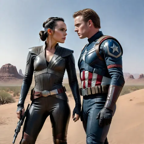 (Star Wars Rey wearing tight black leather suit), (MCU captain america), looking at each other, fighting, Star wars, desert, hyperrealistic photo
