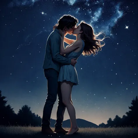 2 lovers kiss under a starry sky in a fleeting moment of clarity