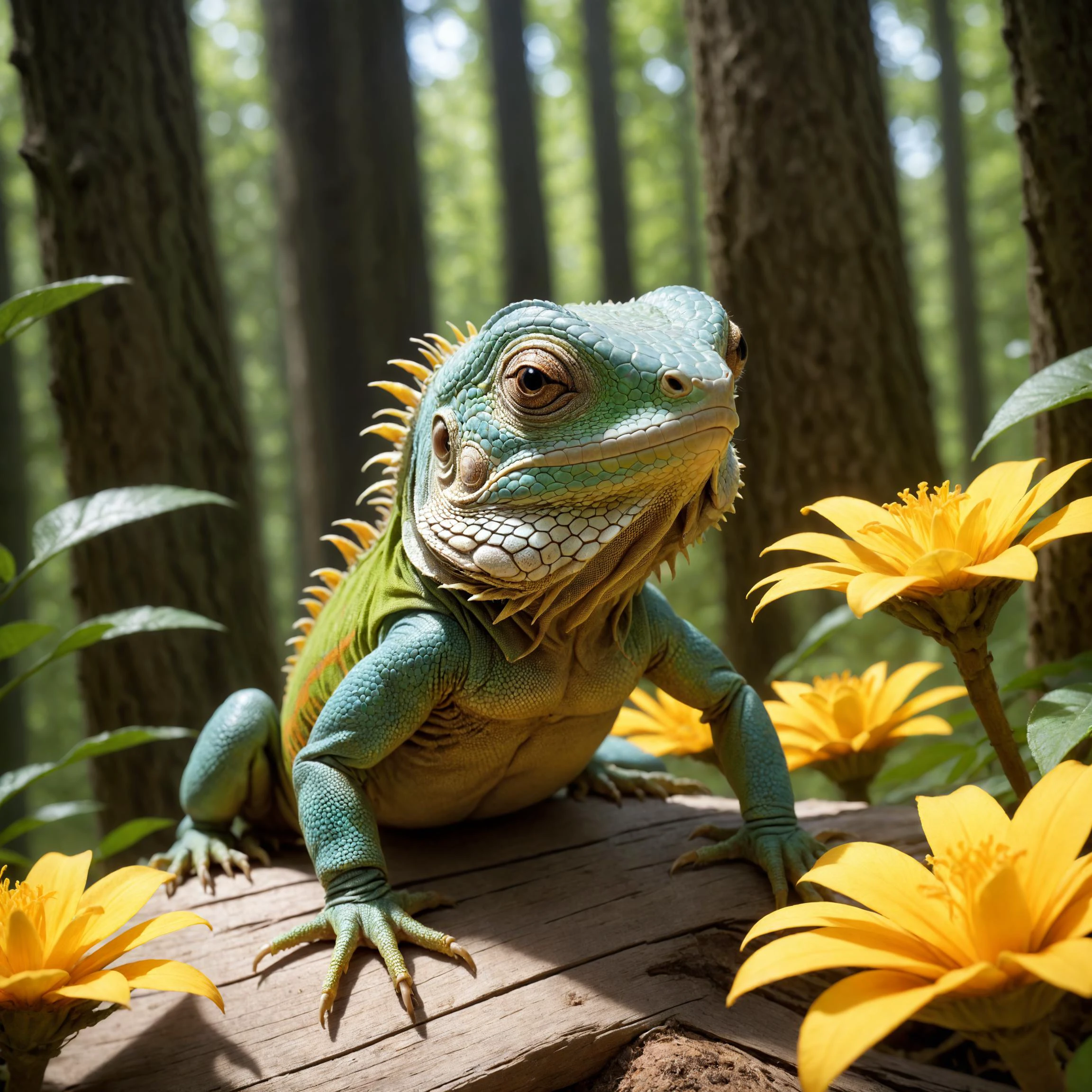 Real estate photography style, Adorable Character of cinematic photo photorealistic colorful microscopy shot Tilt-shift photo of a ((iguana curious forest around)) ritual , (Rhizoid spores, mycelium, gemmae, algue globules, transparent plants protonema , glassy gametophytes, magical virophage organisms), space photography universe tiny, transformed, , tilt-shift (subsurface scattering, soft-body physics, cloth physics) colorful pollen clouds, shimmering dust, ((optical dirty lens, aesthetic lens effects, chromatic aberration)), 35mm photograph, film, bokeh, professional, 4k, highly detailed, 3D render, adorable character, Professional, inviting, well-lit, high-resolution, property-focused, commercial, highly detailed