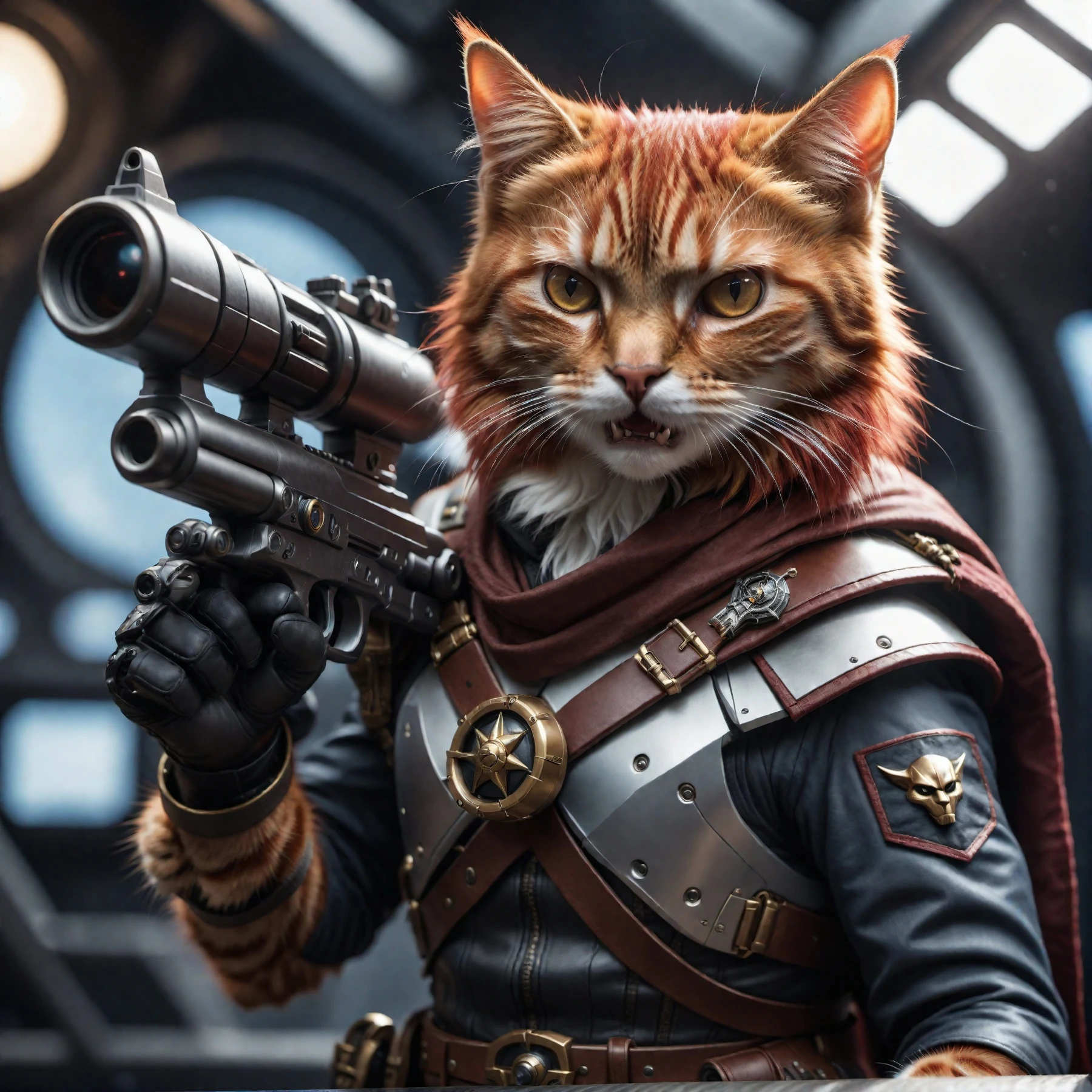 cinematic photo a detailed award winning photo, cute red haired cat space pirate on his spaceship ,realistic fur, fangs , angry, holding a big futuristic gun, epic pose, high quality photography, 3 point lighting, flash with softbox, 4k, Canon EOS R3, hdr, smooth, sharp focus, high resolution, award winning photo, 80mm, f2.8, bokeh . 35mm photograph, film, bokeh, professional, 4k, highly detailed